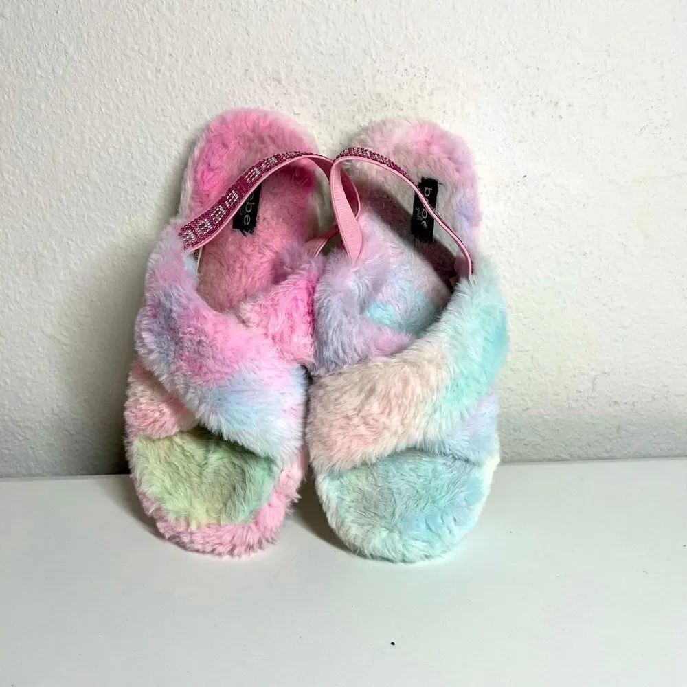 Bebe Girls Jeanna Faux Fur Open Toe Slingback Slippers Size XL 4/5